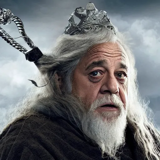 Image similar to danny devito starring as gandalf the white in the 2 0 2 4 lord of the rings movie, full body, hyper realistic, high quality, wide angle