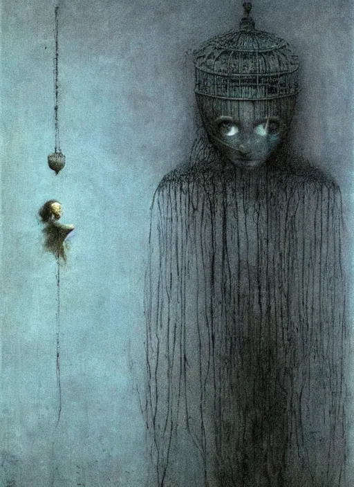 Image similar to girl in birdcage by Beksinski
