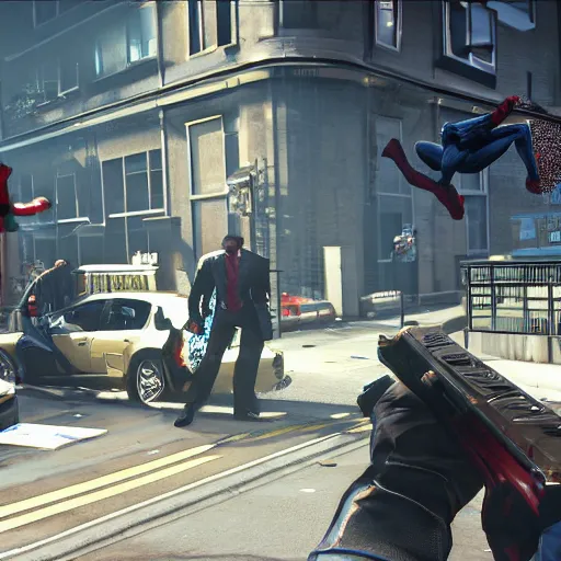 Image similar to Screenshot from the PC game Payday 2 demonstrating the Spiderman crossover