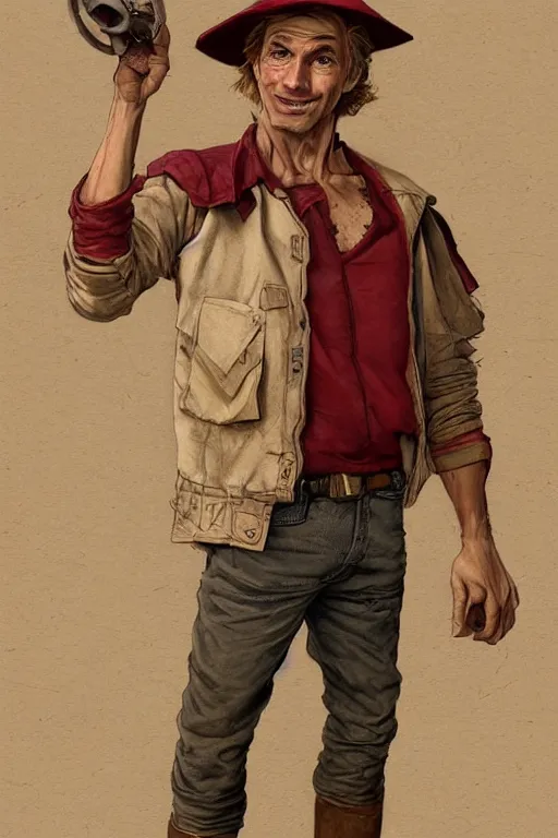 Prompt: character design, reference sheet, 40's adventurer, unshaven, optimistic, stained dirty clothing, straw hat, riding boots, beige t-shirt, dusty dark red bomber leather jacket, shoulder bag, detailed, concept art, photorealistic, hyperdetailed, 3d rendering , art by Leyendecker and frazetta,