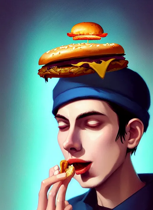 Image similar to portrait of jughead jones, eating a hamburger, wearing a crown, eyes closed, intricate, elegant, glowing lights, highly detailed, digital painting, artstation, concept art, smooth, sharp focus, illustration, art by wlop, mars ravelo and greg rutkowski