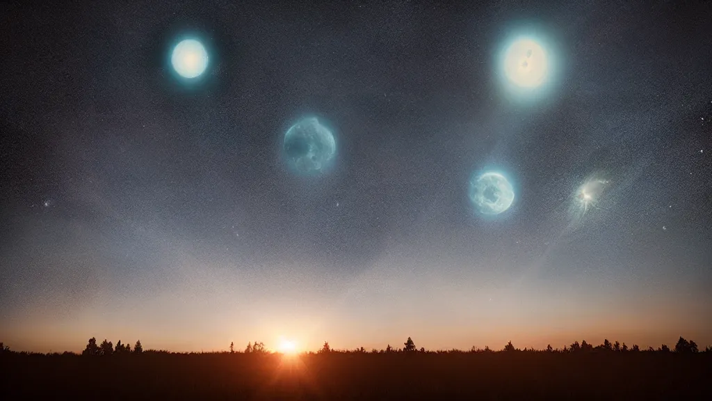 Prompt: A view from earth of three suns in the sky, art by Mikko Lagerstedt,