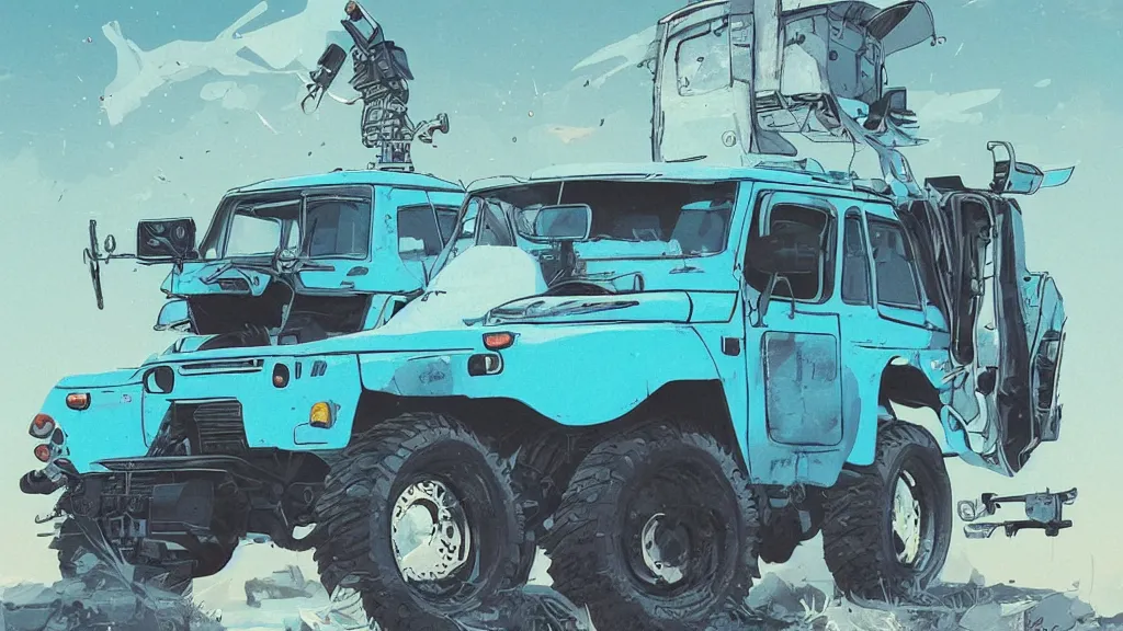 Prompt: digital illustration of a futuristic faded cyan!!! mad max's fj 4 0 decrepit!!!! pursuit special, rusty!!! cyberpunk nissan fj cruiser heavily modded 1 9 9 0 s, the last v 8 interceptor by makoto shinkai, ilya kuvshinov, lois van baarle, rossdraws, basquiat