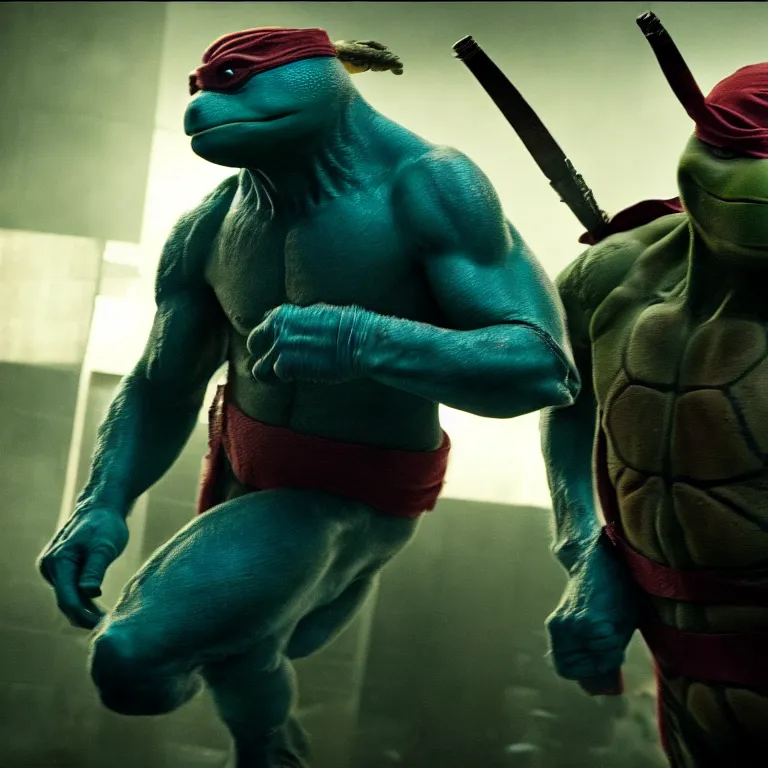 Prompt: hyper realistic teenage mutant ninja turtle movie still, gritty, realistic, noir, fight scene,