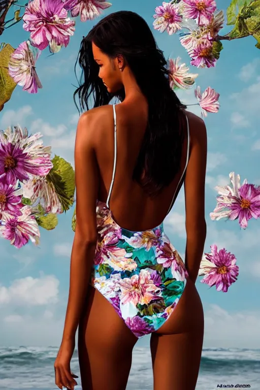Image similar to beautiful elegant full body portrait of lais ribeiro with color streaks in hair and wearing a sparkling white floral one piece swimsuit, seductive smile, dynamic pose, wlop, artgerm, artstation, backlit, dark reflective background, golden ratio