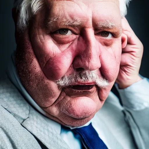 Image similar to photograph of old man wearing suit, sinister, dark circles under eyes, overweight, sagging skin, caucasian, hair becoming gray, sigma 85mm f/1.4, 4k, depth of field, high resolution, 4k, 8k, hd, full color