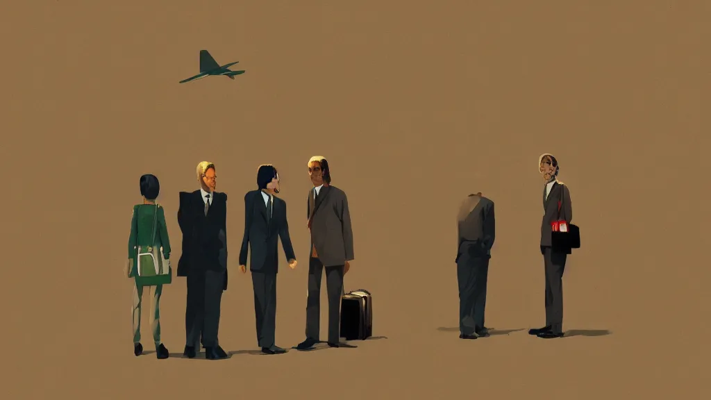 Prompt: A meeting at the airport, in the style of David Lynch, by Wes Anderson, concept art, artstation