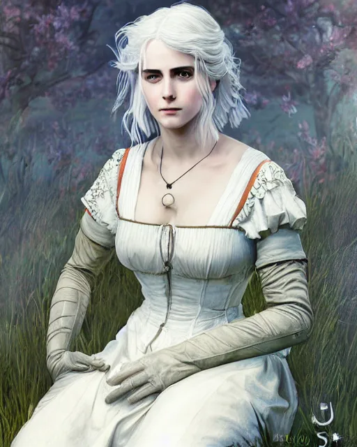 Prompt: Pre-Raphaelite Ciri from Witcher 3 by Studio Ghibli and UFO Table, intricate, elegant, highly detailed, digital painting, pale