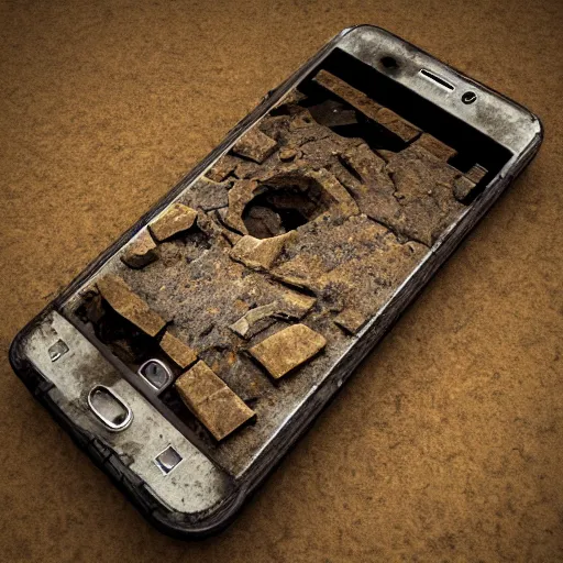Prompt: fossilized cellphone, archaeology, photorealisitc
