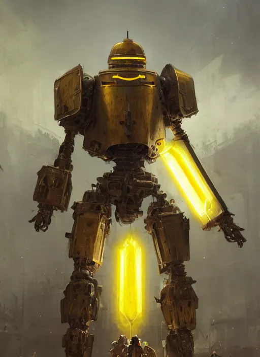 Image similar to human-sized strong intricate yellow pit droid carrying very detailed perfect antique great sword and beautiful large paladin shield, pancake short large head, exposed metal bones, painterly humanoid mecha, slightly far away, by Greg Rutkowski