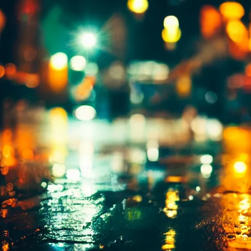 Prompt: photo, night, rain, modern city street, focus to the bar