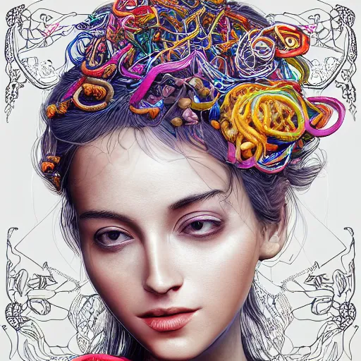 Image similar to the portrait of a ridiculously beautiful and elegant woman partially made of onion rings of all colors, an ultrafine detailed illustration by james jean, final fantasy, intricate linework, bright colors, behance contest winner, vanitas, angular, altermodern, unreal engine 5 highly rendered, global illumination, radiant light, detailed and intricate environment