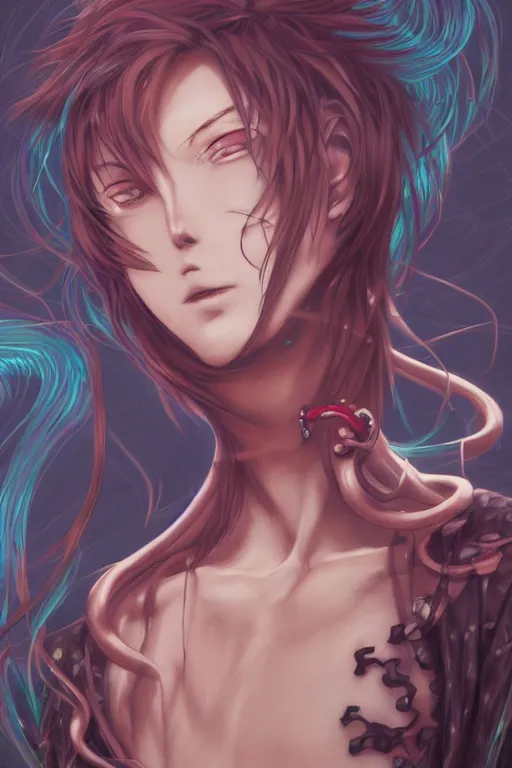 Image similar to portrait of an anime manga guy with hair order snakes, straight on, by artgerm, james jean, tom bagshaw, gerald brom, vaporwave colors, lofi colors, vaporwave, lofi, goth vibe, 4 k, smooth, hd, substance designer render, full body character concept art, symmetrical, 2 point lighting,