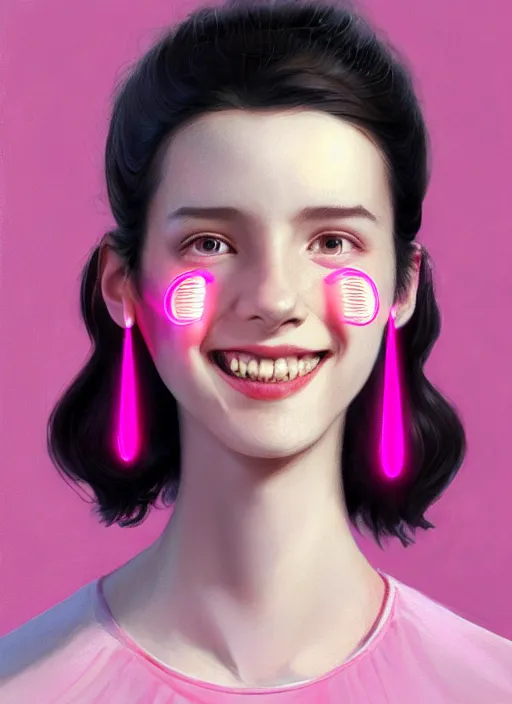 Image similar to portrait of high school girl, realistic, black hair, bangs, half updo hairstyle, pointy nose, skinny, smile, ugly, defined jawline, big chin, pink hair bow, earrings, intricate, elegant, glowing lights, highly detailed, digital painting, artstation, sharp focus, illustration, art by wlop, mars ravelo and greg rutkowski