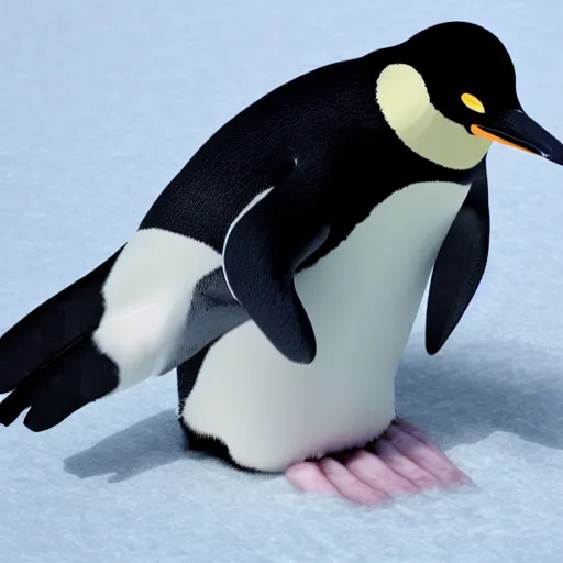 Prompt: pinching hand emoji in front of a sad penguin, the penguin is crying, high resolution photo