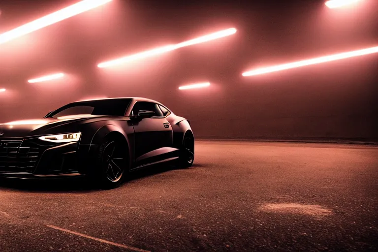 Image similar to widebody all black audi camaro b 9 ( 2 0 2 0 ), need for speed : carbon, at night, sci - fi, neon lines, phonk music background, smoke behind wheels, noise, dark, establishing shot, by simon stalenhag