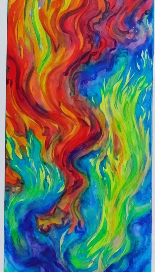 Image similar to water color painting of fire and water mixing together, conveying a sense of balance inspired by the Temperance tarot card, smooth brush strokes