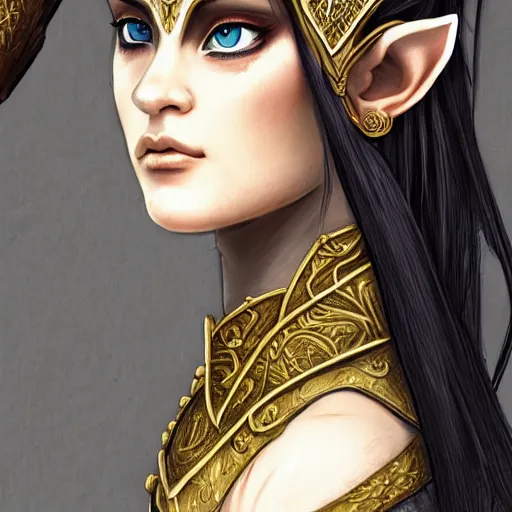 Prompt: side portrait of a female elven warrior, fantasy, head tilted down, black hair, gold armour, gold jewelry, white skin, detailed face, trending on artstation, gsociety, D&D, elegant, highly detailed, sophisticated, hyperrealistic, realistic eyes, detailed illustration, smooth, sharp focus, upper body, intricate, rule of thirds, holy glow, backlit, hd 4k by Greg Rutkowski, Alphonse Mucha, Charlie Bowater, Karol Bak