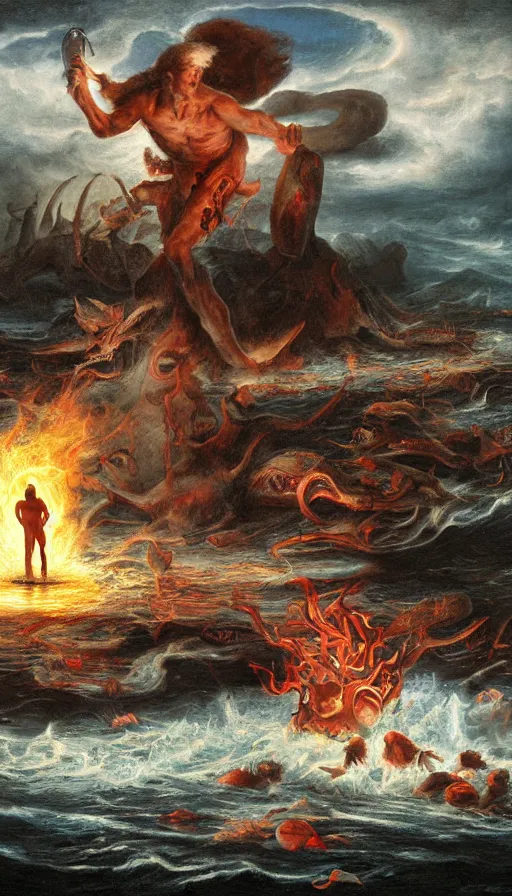 Image similar to man on boat crossing a body of water in hell with creatures in the water, sea of souls, by jason de graaf