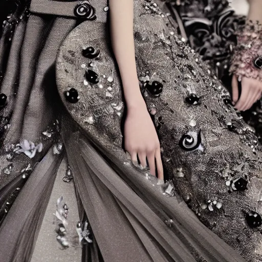 Prompt: close up photo of a fashion model, ant view, luxury dress, official dior editorial, highly detailed