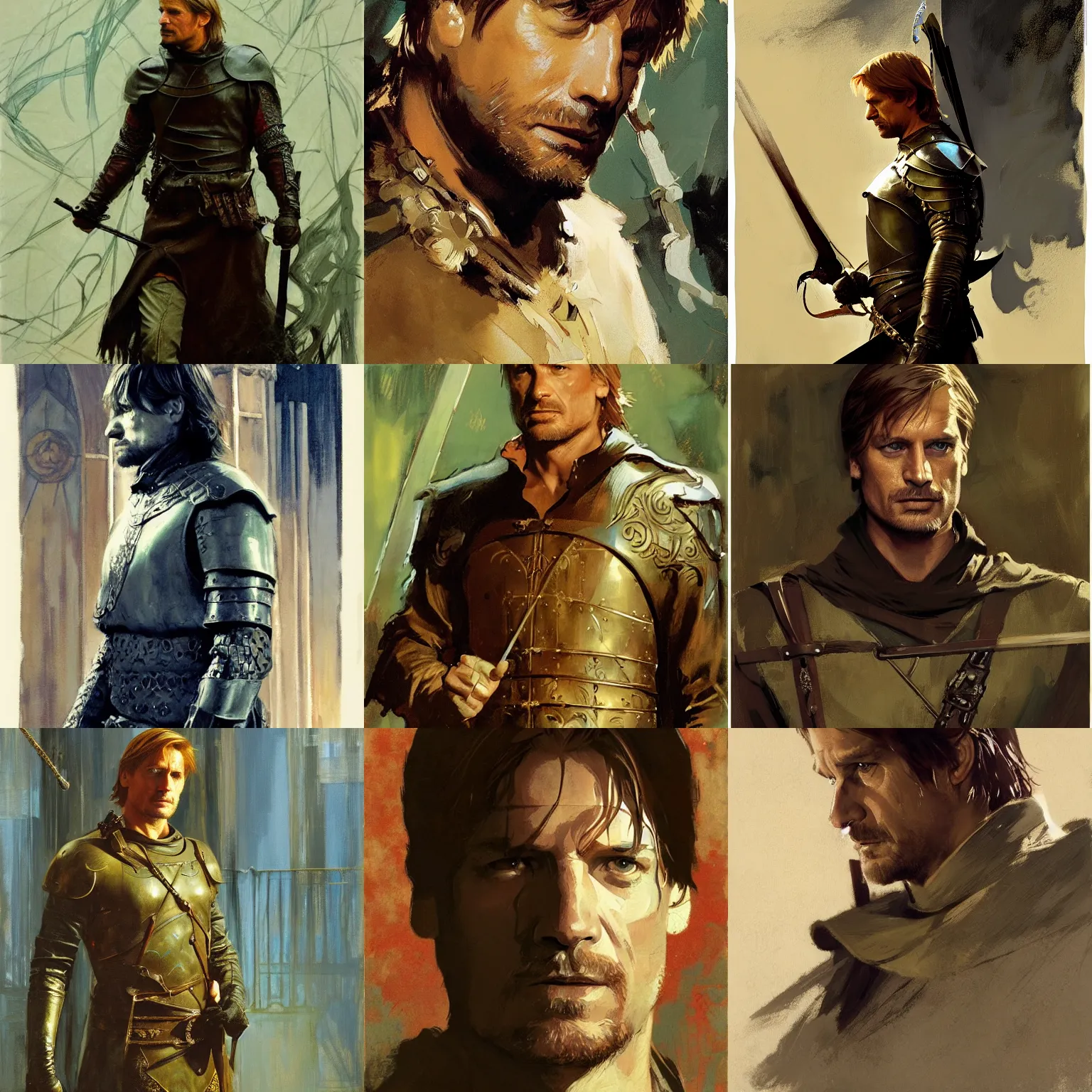 Prompt: jaime lannister as robin hood, intricate, elegant, highly detailed, greg manchess, mucha, liepke, ruan jia, jeffrey catherine jones