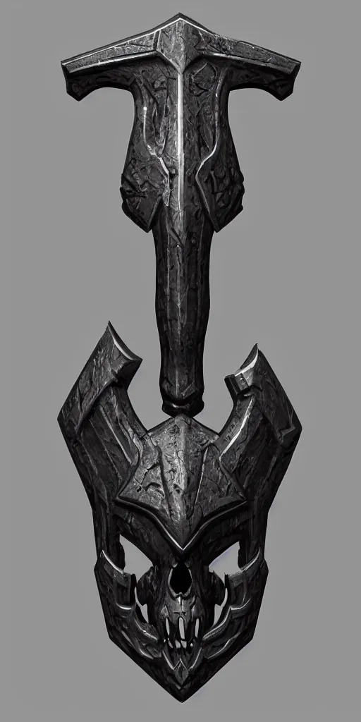 Prompt: a black and silver axe skull crest, ornament, dwrven weapon, by dom qwek, trending on polycount, artstation, hard surface modeling