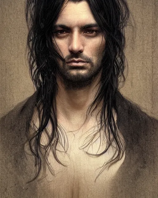 Image similar to portrait of tall, 3 3 - year - old handsome man with long dirty black hair, and grey eyes, wearing black clothes, hyper realistic face, beautiful eyes, close up, fantasy art, in the style of greg rutkowski, intricate, alphonse mucha, hyper detailed, smooth