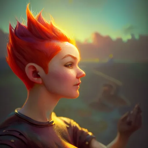 Image similar to a Photorealistic dramatic hyperrealistic gnome woman, pixie undercut hair, by WLOP,Artgerm,Greg Rutkowski,Alphonse Mucha, Beautiful dynamic dramatic bright sunset lighting,shadows,cinematic atmosphere,Artstation,concept design art,Octane render,8k