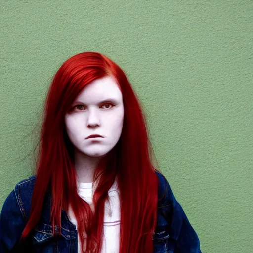 Image similar to portrait of an attractive tomboy girl with long crimson red hair and red eyes wearing a brown open jacket and green jeans with a stern look, album art, boards of canada
