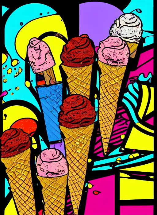 Prompt: ice cream pop art, representation with abstraction, highly detailed digital art, realistic, cinema hd, 8 k resolution, dslr