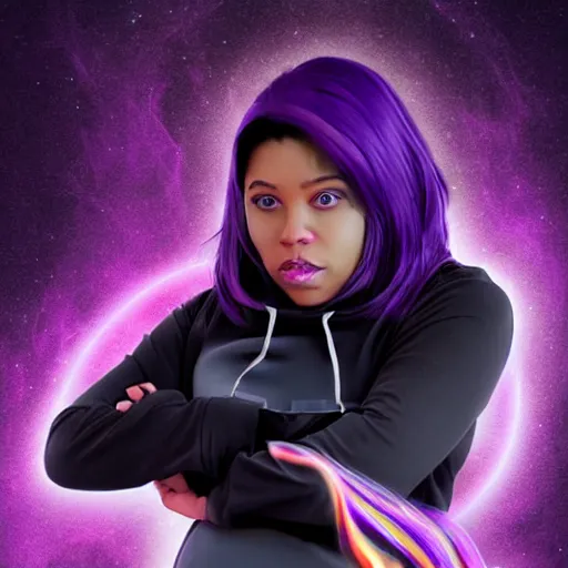 Image similar to poster artwork, sci fi, a female, full body, black hoodie techie, black hair with purple streaks, 8 k