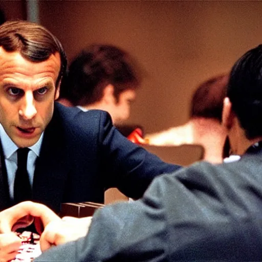 Image similar to Emmanuel Macron, playing poker with the devil, in American Psycho (1999)