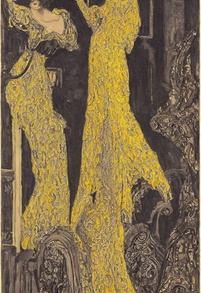 Prompt: a young woman looks deeply into the viewer, 1920's london street, art nouveau, extravagant fashion, intricate yellow dress with gold trims, lacey, dark streets, grungy, style of and Gustav Klimpt, color painterly