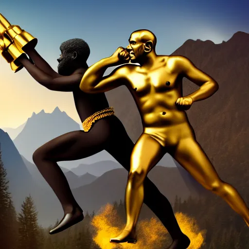 Image similar to black person with golden mace in hands fighting lenin in mountains, photorealistic