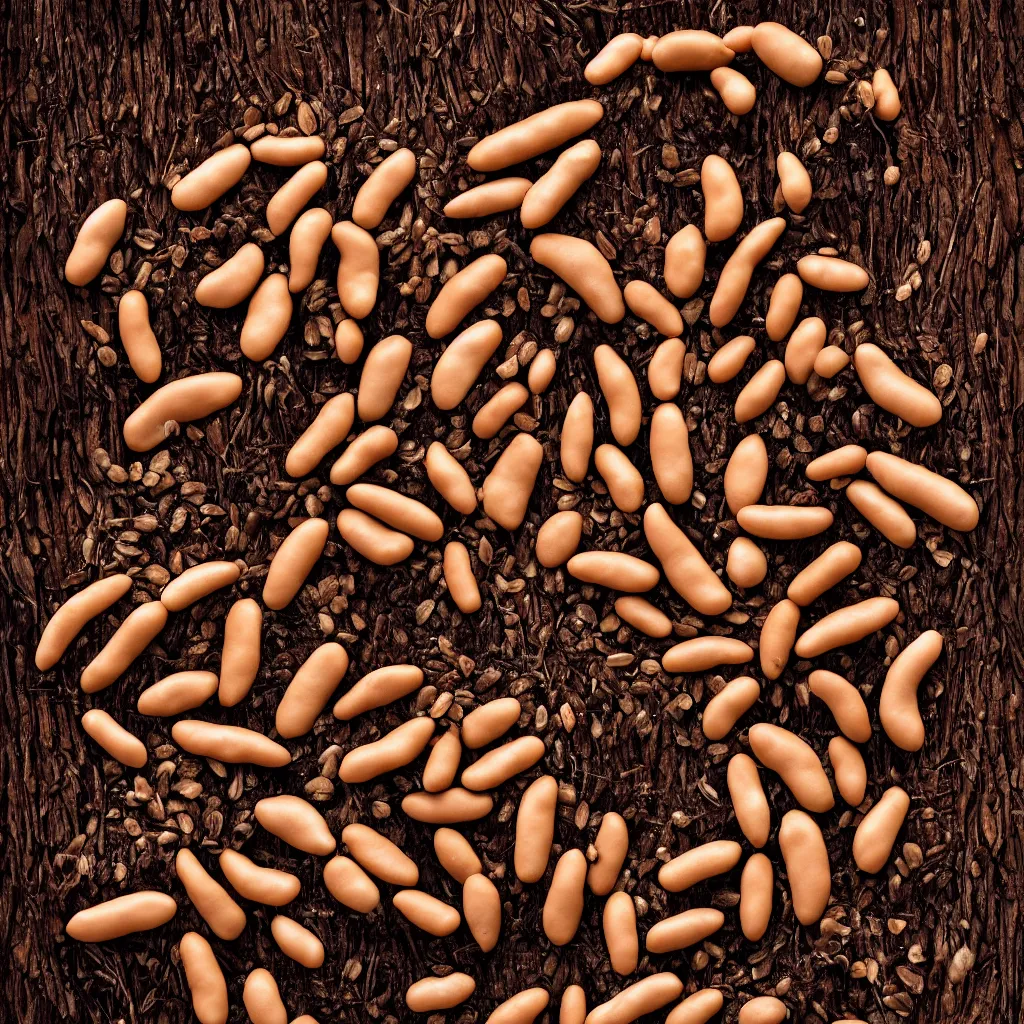 Image similar to large fractal soy beans, with leaves and roots, over vivid dark wood table, geometrical, metaphysical. food photography. super detailed. masterpiece