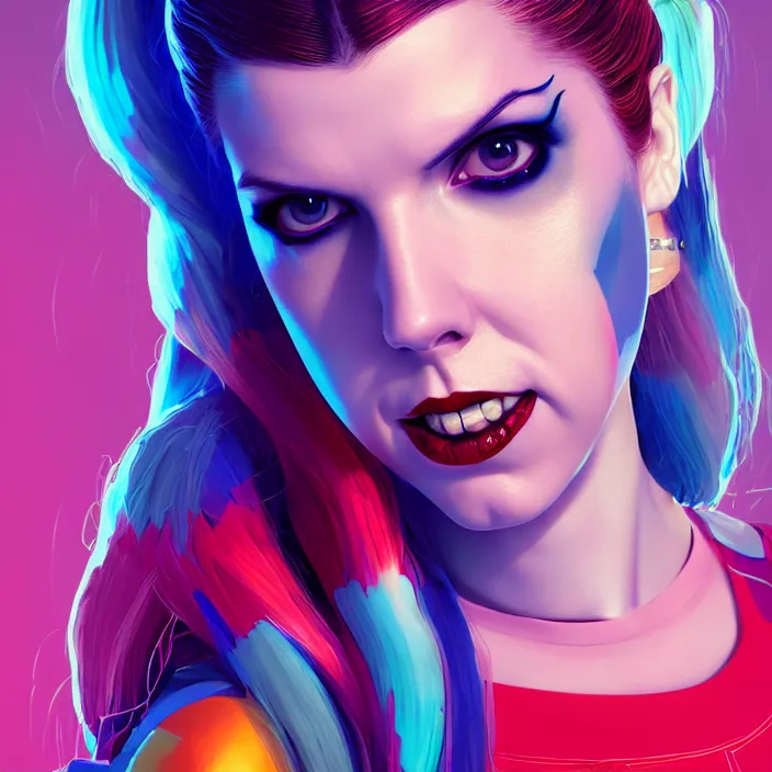 Image similar to portrait of Anna Kendrick as harley quinn. intricate abstract. intricate artwork. by Tooth Wu, wlop, beeple, dan mumford. octane render, trending on artstation, greg rutkowski very coherent symmetrical artwork. cinematic, hyper realism, high detail, octane render, 8k, iridescent accents