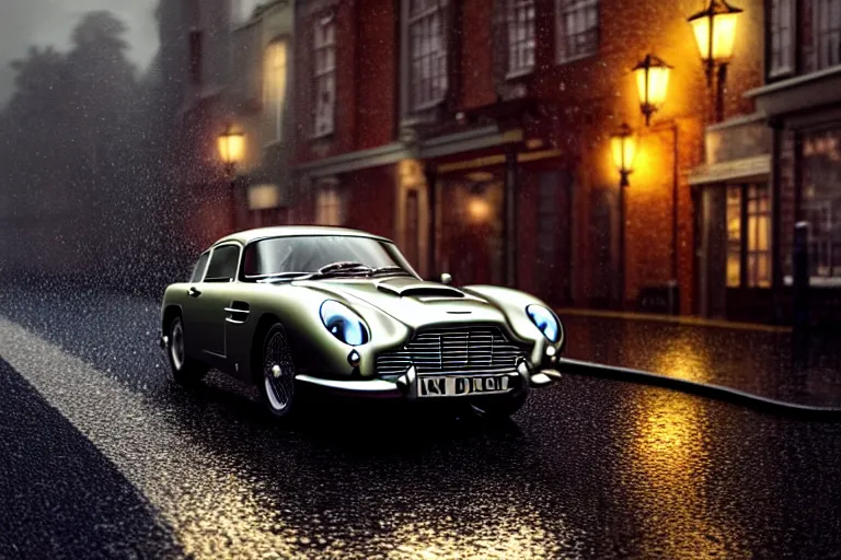 Image similar to a wholesome animation key shot of!! one!! focused!! aston martin db 5!!, in a wet london street, raining, wide shot, studio ghibli, pixar and disney animation, sharp, very detailed, high resolution, rendered in unreal engine 5, anime key art by greg rutkowski, bloom, atmospheric lighting