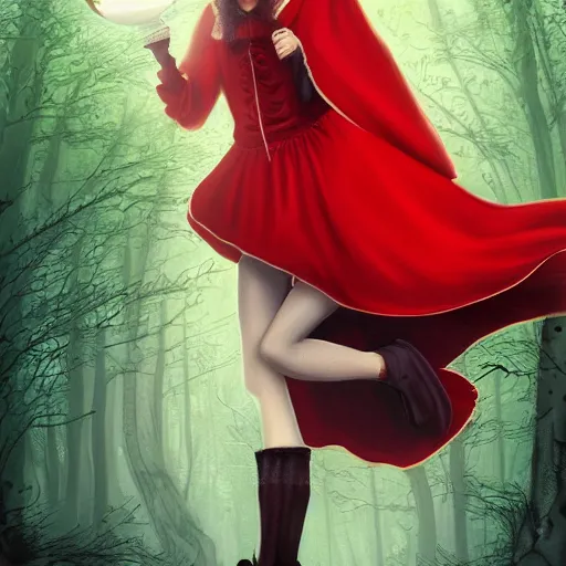 Image similar to little red riding hood by tim burton, 8 k, digital art masterpiece,