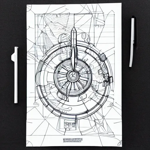 Image similar to Simplistic coloring book of a turbine blueprint, black ball pen on white paper, by Josan Gonzalez and Geof Darrow