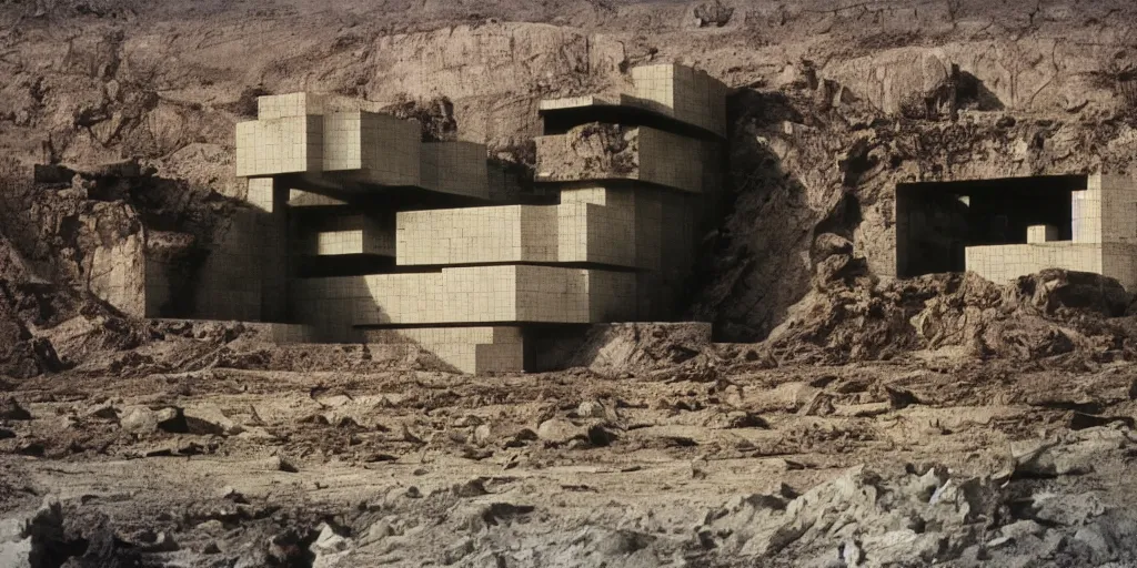 Prompt: sci - fi luxury building block, building near a mining cave on a desolate mining planet, dark and beige atmosphere, 1 9 8 0 s science fiction film screenshot, film still, dark science fiction, ridley scott