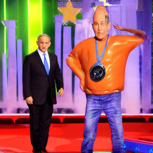 Image similar to benjamin netanyahu getting slimed at the kid's choice awards, sharp focus, highly detailed