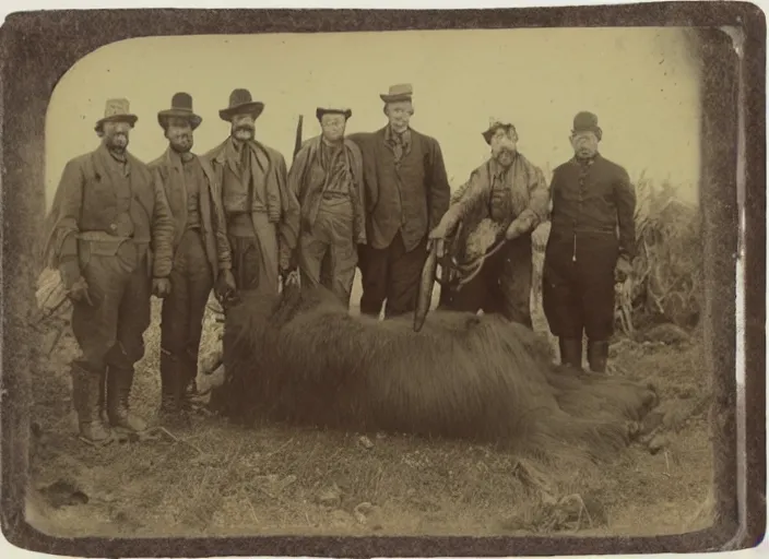 Image similar to tintype photo group of hunters with a giant dead woolly mammoth on the ground by their feet