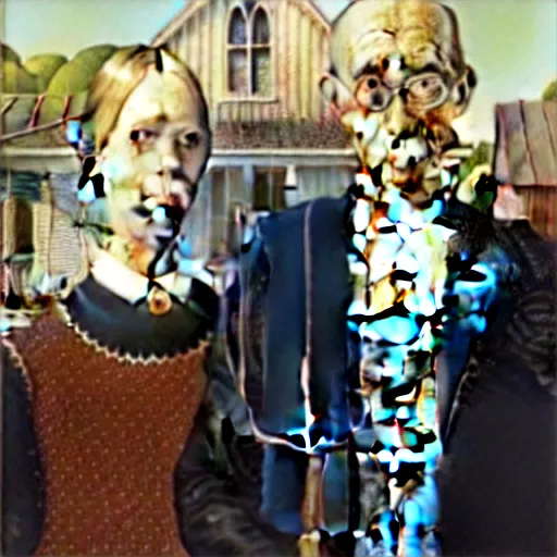 Image similar to american gothic but the man has a tabby cat face,