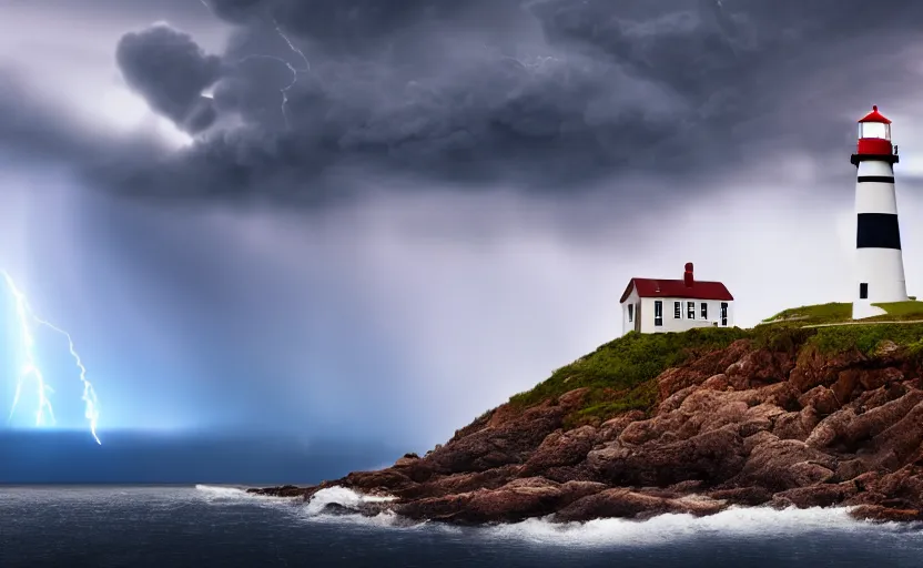 Image similar to a movie still of a lighthouse with a thunderstorm, highly detailed, 8 k