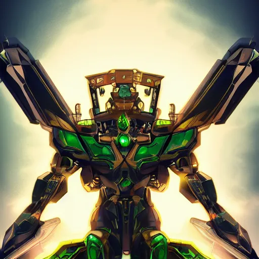 Image similar to Greek God in Mecha style, seated on a throne, high camera angle, in the graphic style of Matt Sanz and DC Comics, hyper detailed, trending on artstation, green glow