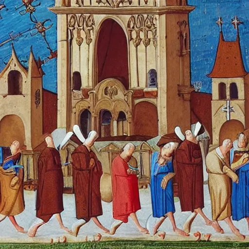 Prompt: flying car in medieval religious art monks and nuns
