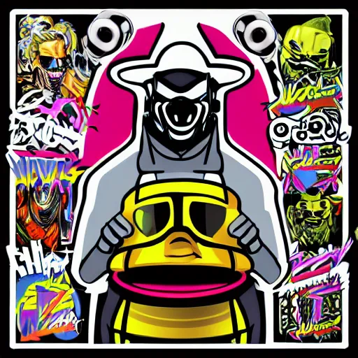 Image similar to svg vector sticker of absolutely insane-mad-robotic-hero-villain, rocking out, wearing headphones, huge speakers, dancing, rave, DJ, spinning records, digital art, amazing composition, rule-of-thirds, award-winning, trending on artstation, featured on deviantart