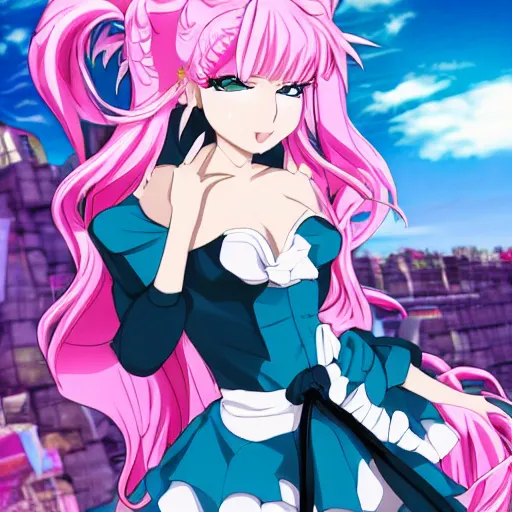 Image similar to stunningly beautiful omnipotent megalomaniacal anime goddess who looks like junko enoshima with porcelain skin, pink twintail hair and mesmerizing cyan eyes, symmetrical perfect face smiling in a twisted, mischievous, devious and haughty way while looking down upon the viewer and taking over the universe, mid view, hyperdetailed, 2 d, 8 k