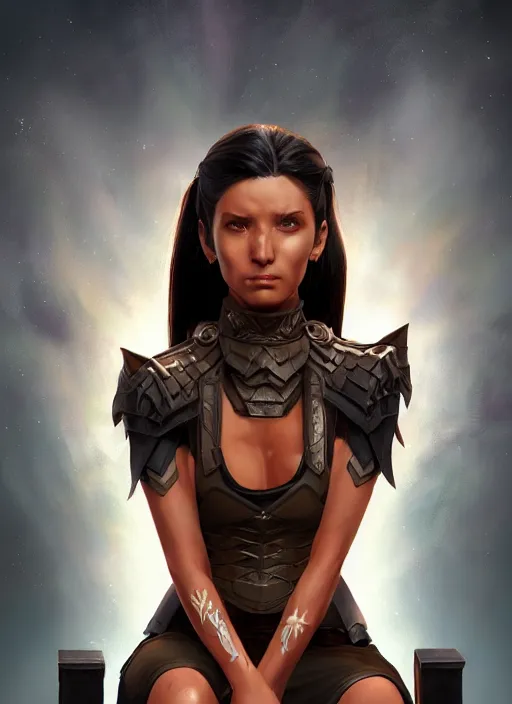 Prompt: An epic fantasy comic book style portrait painting of a tan woman with black hair in a pony tail and serious eyes sitting on a large chair, unreal 5, DAZ, hyperrealistic, octane render, cosplay, RPG portrait, dynamic lighting