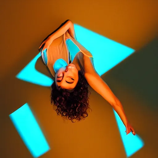 Image similar to photo of a beautiful woman lit from below with turquoise light and from above with golden orange light